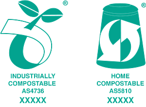 The two compostable certifications you should look for in Australia. On the left, the industrially compostable logo to Australian and European standards (AS4736 and EN13432). It is a green circular logo with a seedling with two leaves. To the right, the home compostable logo to Australian standards (AS5810). It is a home compost bin with two arrows.