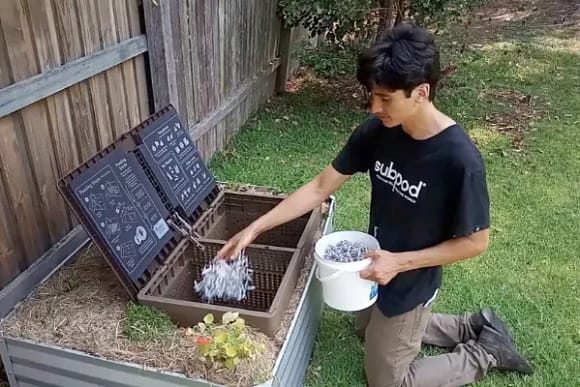 Man setting up Subpod compost in his garden with shredded newspaper.