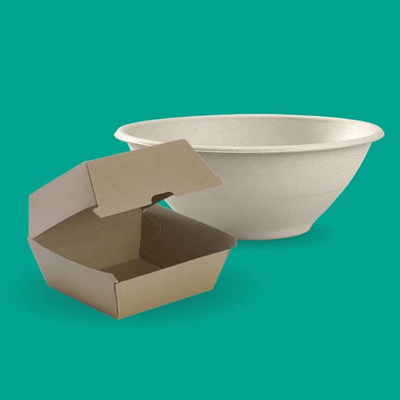 Two pieces of fibre-based compostable packaging, including a bowl and burger box