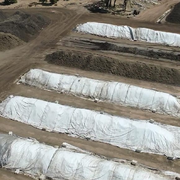 An aerial shot of the compost heaps at WRITE Solutions Australia’s composting facility.
