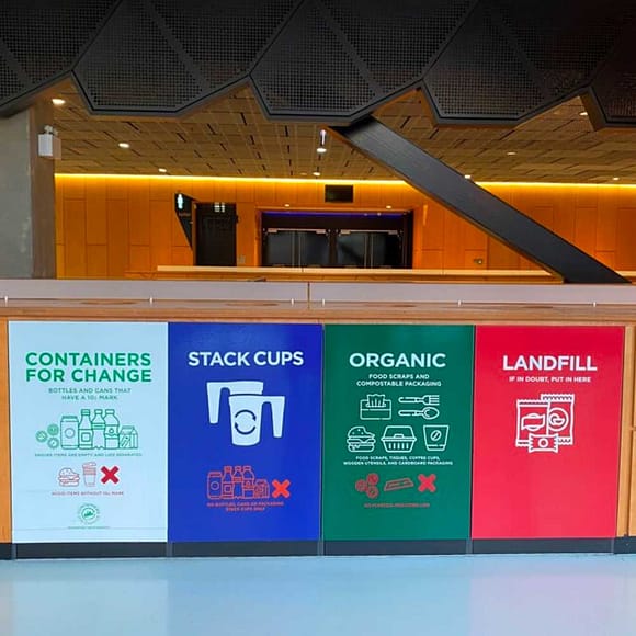 Four-bin system at RAC Arena. First bin is for plastic recycling, part of the Containers for Change initiative. The second bin is for reusable cups, called Stack Cups. The third bin is for organic waste including food waste and BioPak compostable packaging. And the fourth bin is for general waste that will go landfill.